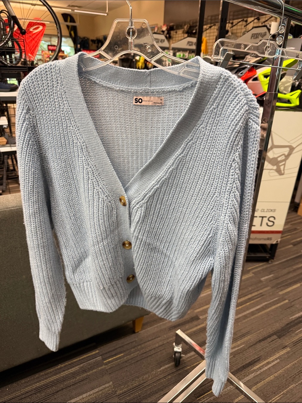 SO Pale Blue V-Neck Button Cardigan, Size Medium